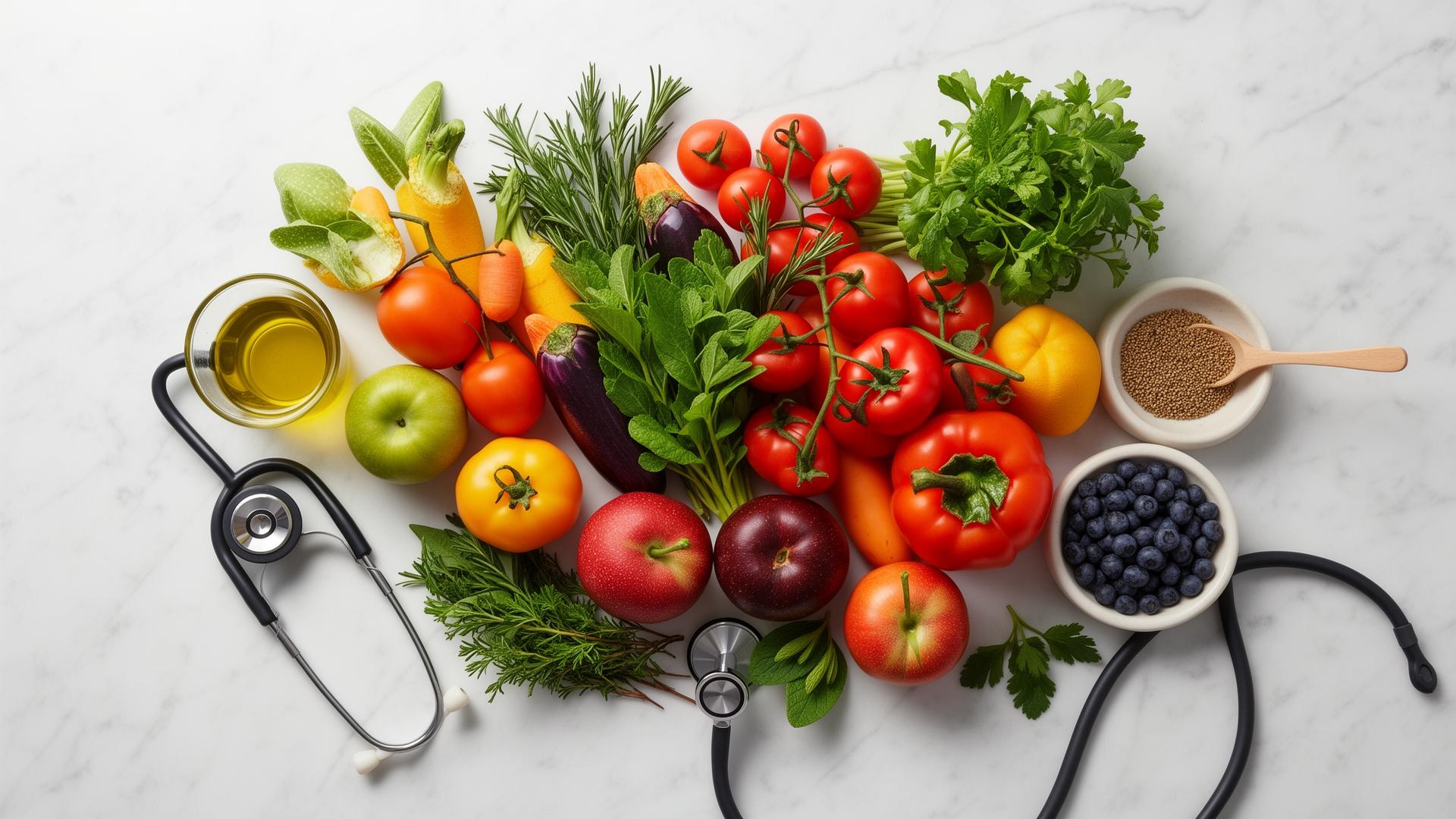 Frutta, verdura mediterranea e stetoscopio simboli della nutrizione scientifica